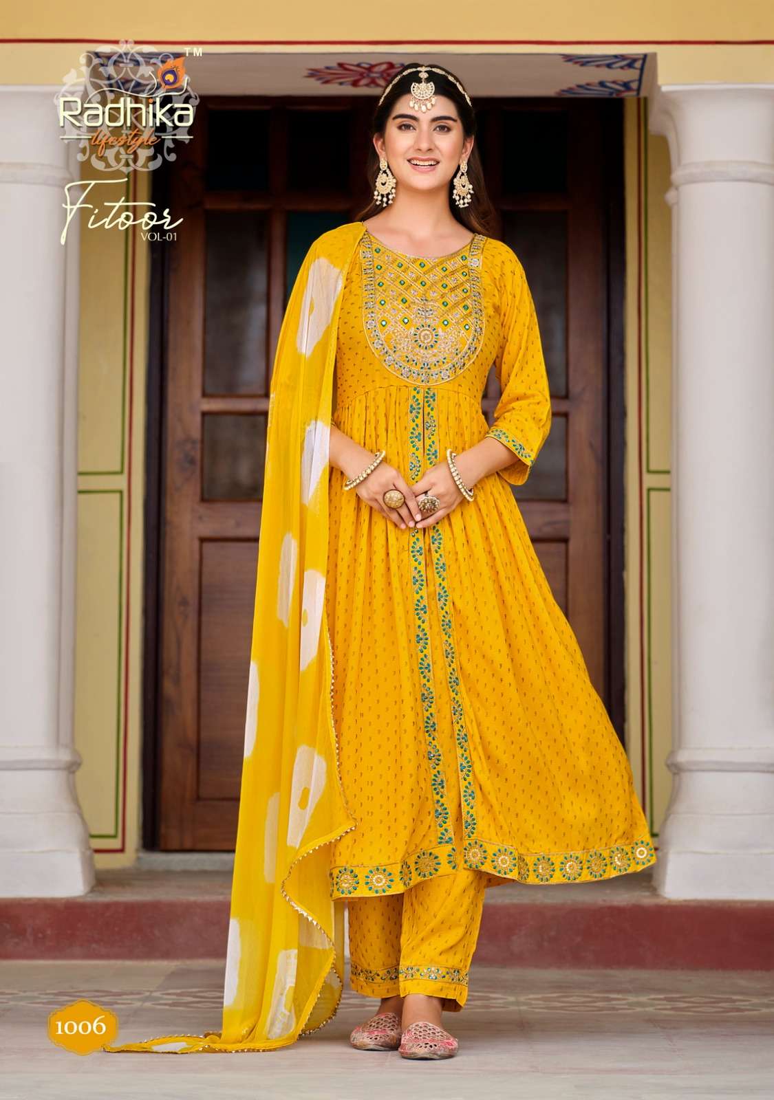 FITOOR REYON LIVA TAG PRINT EMBROIDERY WORK MIDDLE CUT KURTI WITH PANT AND NAZMIN TIE DIE DUPATTA BY RADHIKA LIFESTYLE BRAND 1006